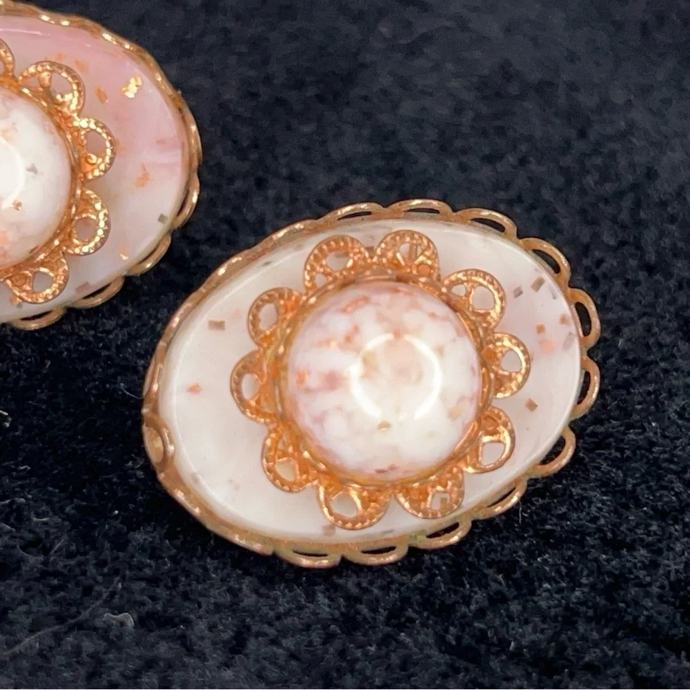 Vintage Ivory White Pink Copper Clip On Earrings Event Wedding
